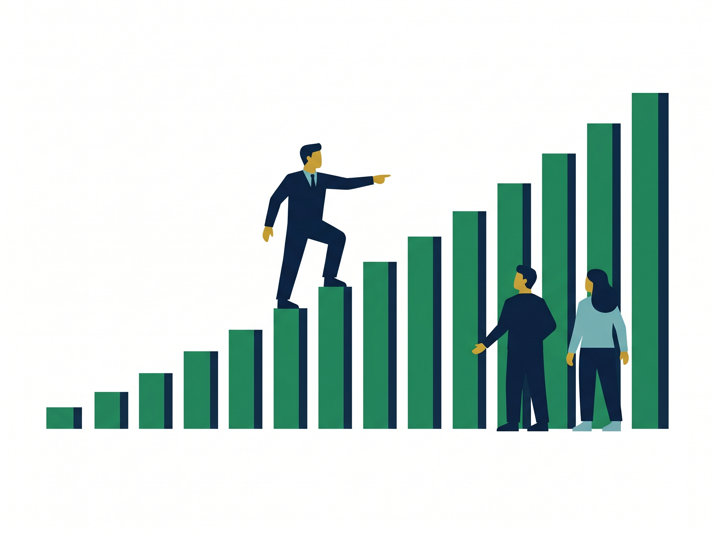 A leader climbing rising bars while guiding two team members — capability and operational performance compounding month over month across the cohort.